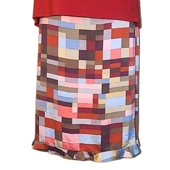 BCBGMaxAzria Straight Silk Long Skirt Below Knee Geometric Patchwork Ruffle Hem - Picture 14 of 16